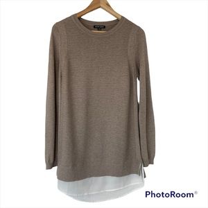 HILARY RADLEY BEIGE KNIT LONG SWEATER WITH WHITE LAYERED HEM, SMALL, NEUTRAL, S
